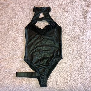 ❌ SOLD ❌ Black Leather Bodysuit with Garter - S/M